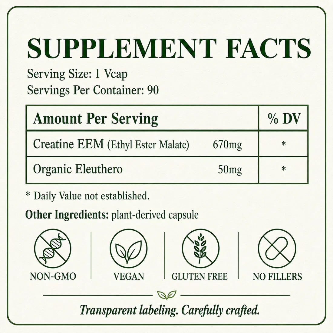 Green Organic Supplements Creatine EEM Fusion, 90 Vegetarian Capsules, High