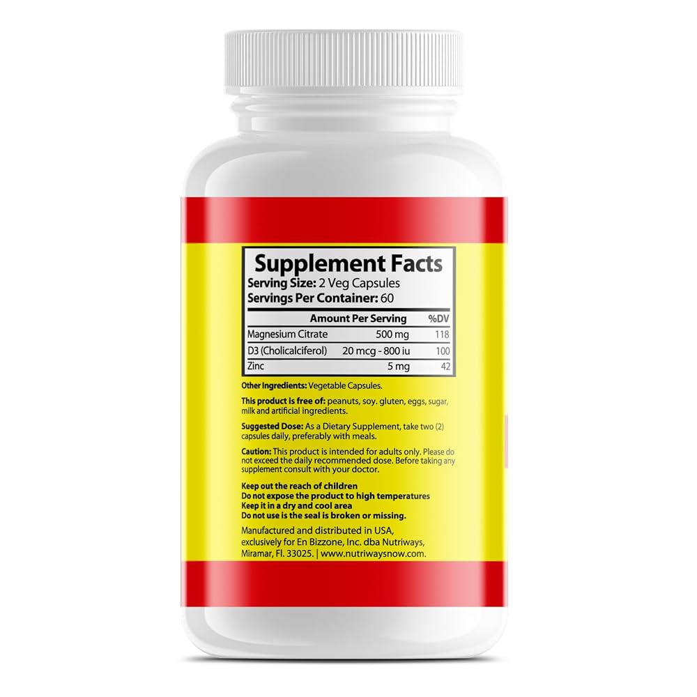 Nutriways Magnesium Citrate 500mg with Vitamin D3 and Zinc - 120 Capsules - image 3
