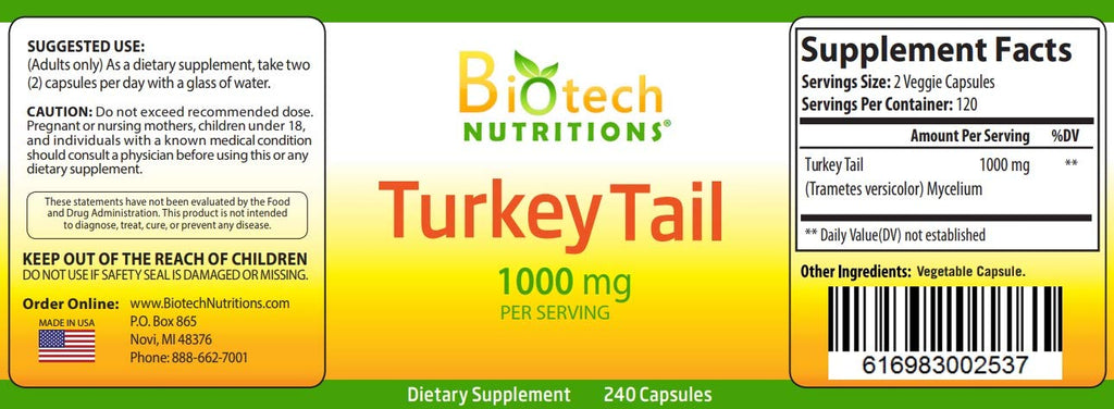 Biotech Nutritions Turkey Tail Mushroom 1000 mg - 240 Capsules - image 2