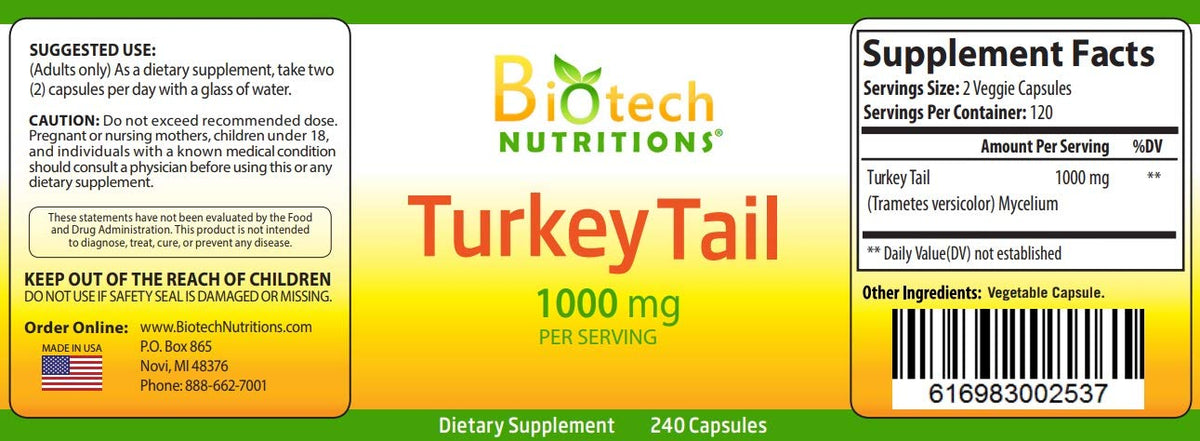 Biotech Nutritions Turkey Tail Mushroom 1000 mg - 240 Capsules - image 2
