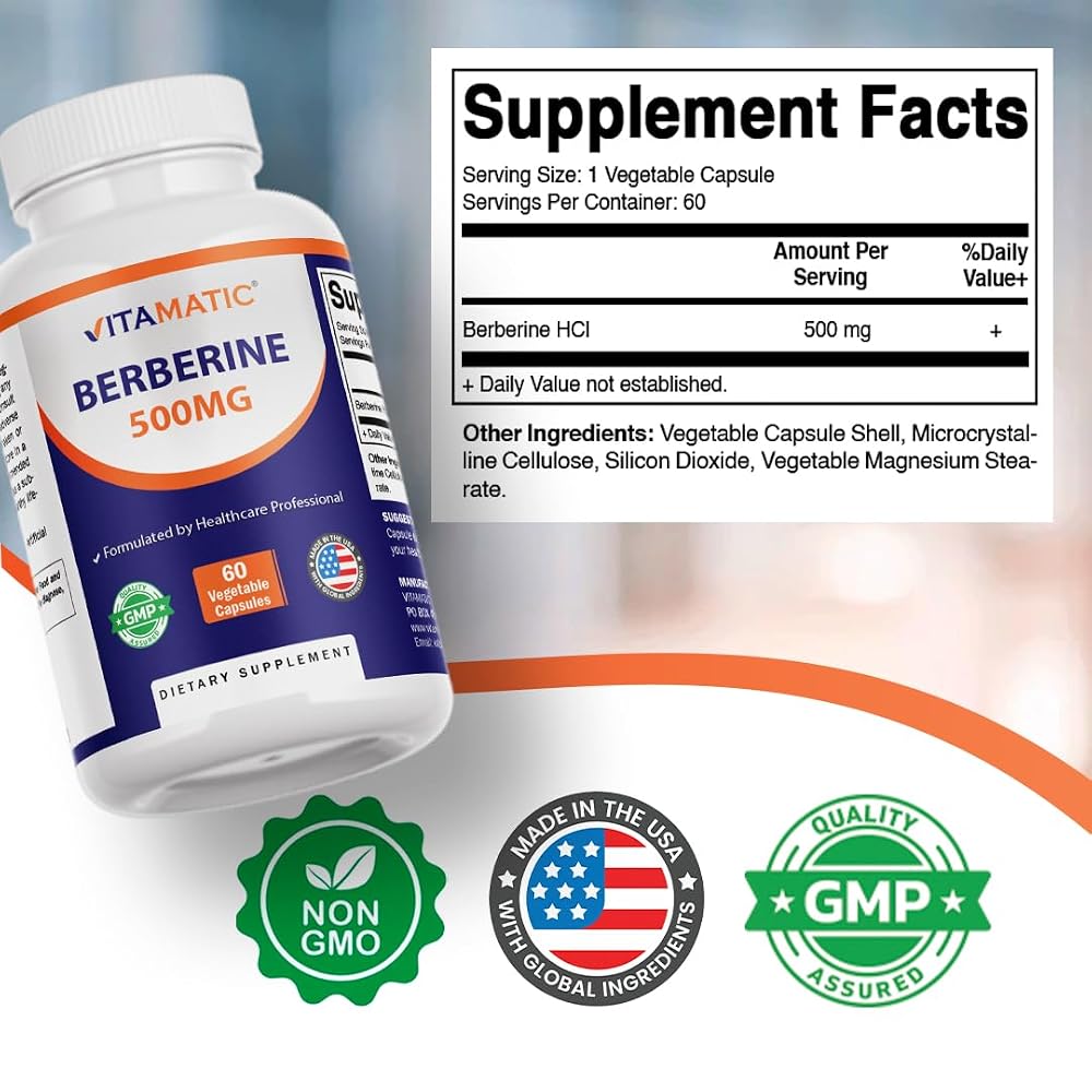 Vitamatic Berberine Supplement 500mg - 60 Vegetable Capsules - Made