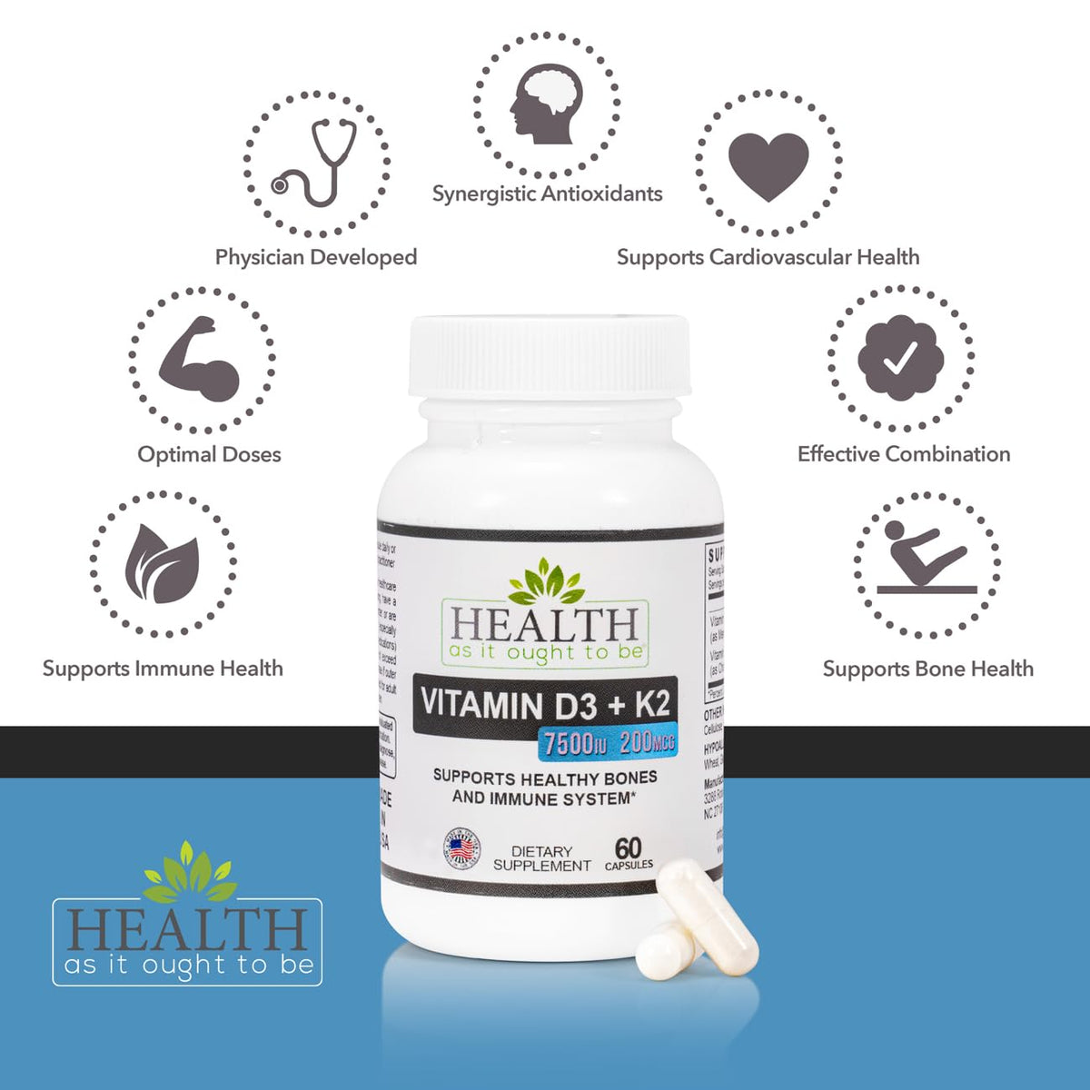 Health As It Ought To Be D3 + K2 Vitamin Supplement - 60 Capsules - image 3