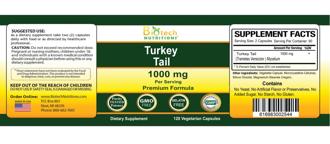 Biotech Nutritions Turkey Tail Mushroom 1000 mg - 120 Capsules - image 3