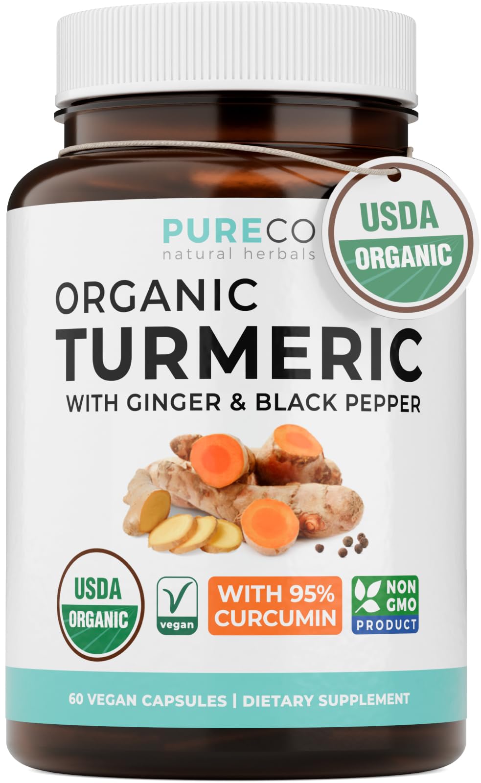PURE CO Organic Turmeric Ginger Black Pepper Supplement - 60 Capsules