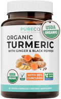 PURE CO Organic Turmeric Ginger Black Pepper Supplement - 60 Capsules