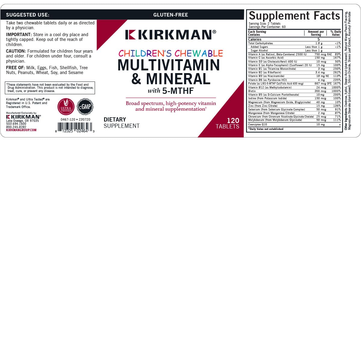 Kirkman Kids Multivitamin & Mineral with 5-MTHF, Mango Peach - 120 Tablets - image 3