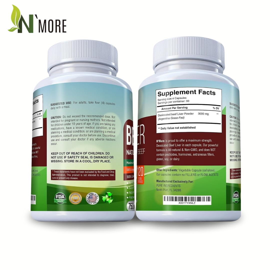 N'More Grassfed Beef Liver Capsules for Energy & Brain Support - 120 Capsules - image 2