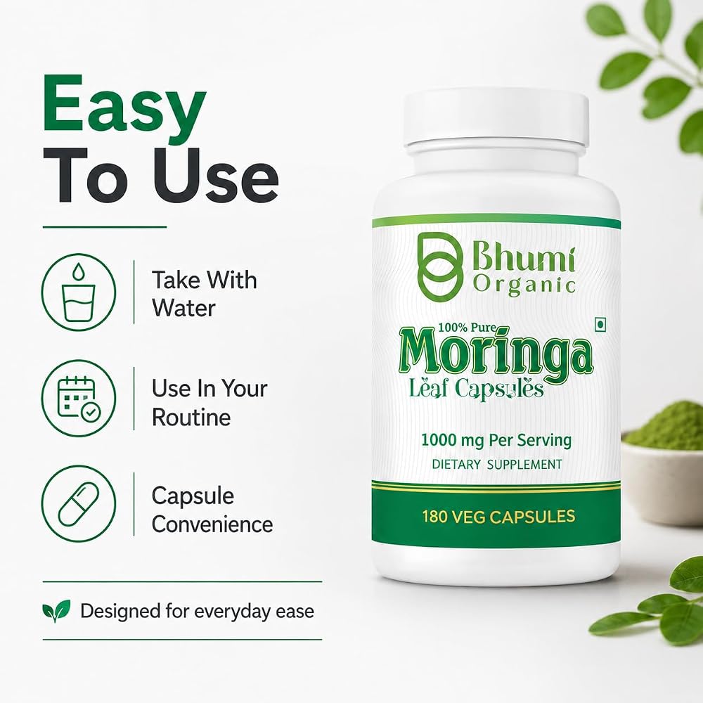 Bhumi Organic Moringa Powder Capsules - 800mg of Pure Nutrient-Rich