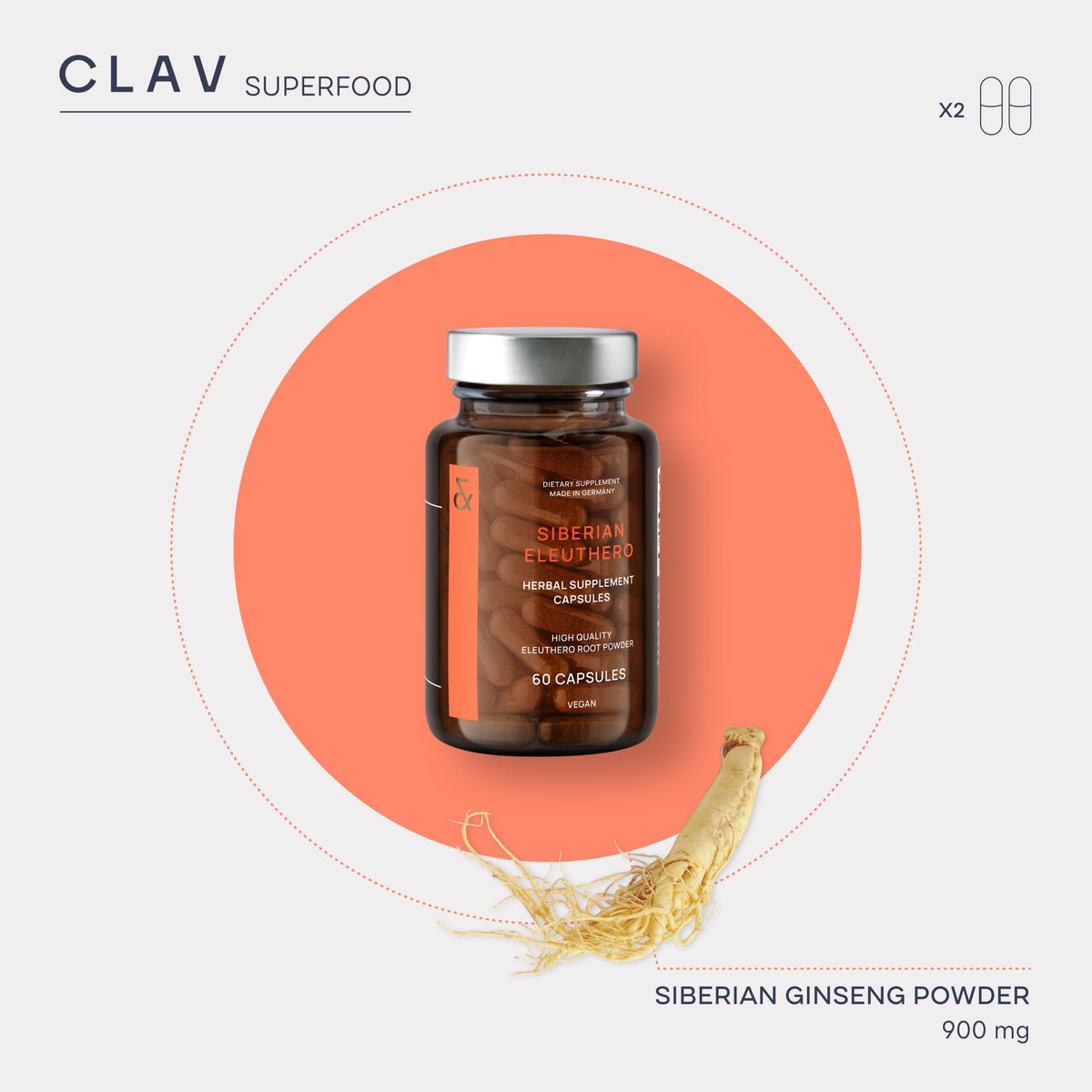 CLAV Siberian Ginseng 900mg Eleutherococcus Root - 60 Capsules - image 4