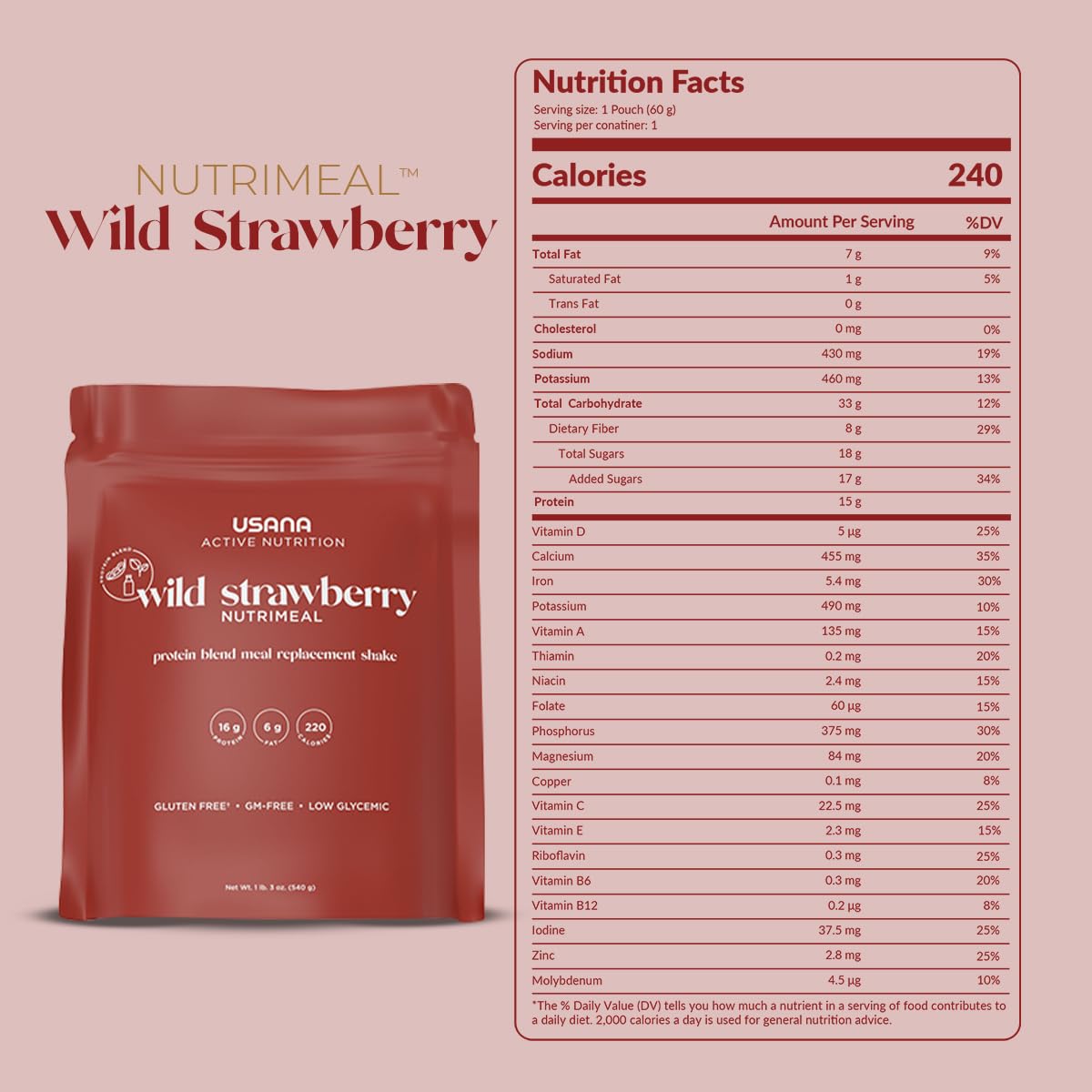 USANA Nutrimeal Meal Replacement Shake Wild Strawberry - 540g - image 2