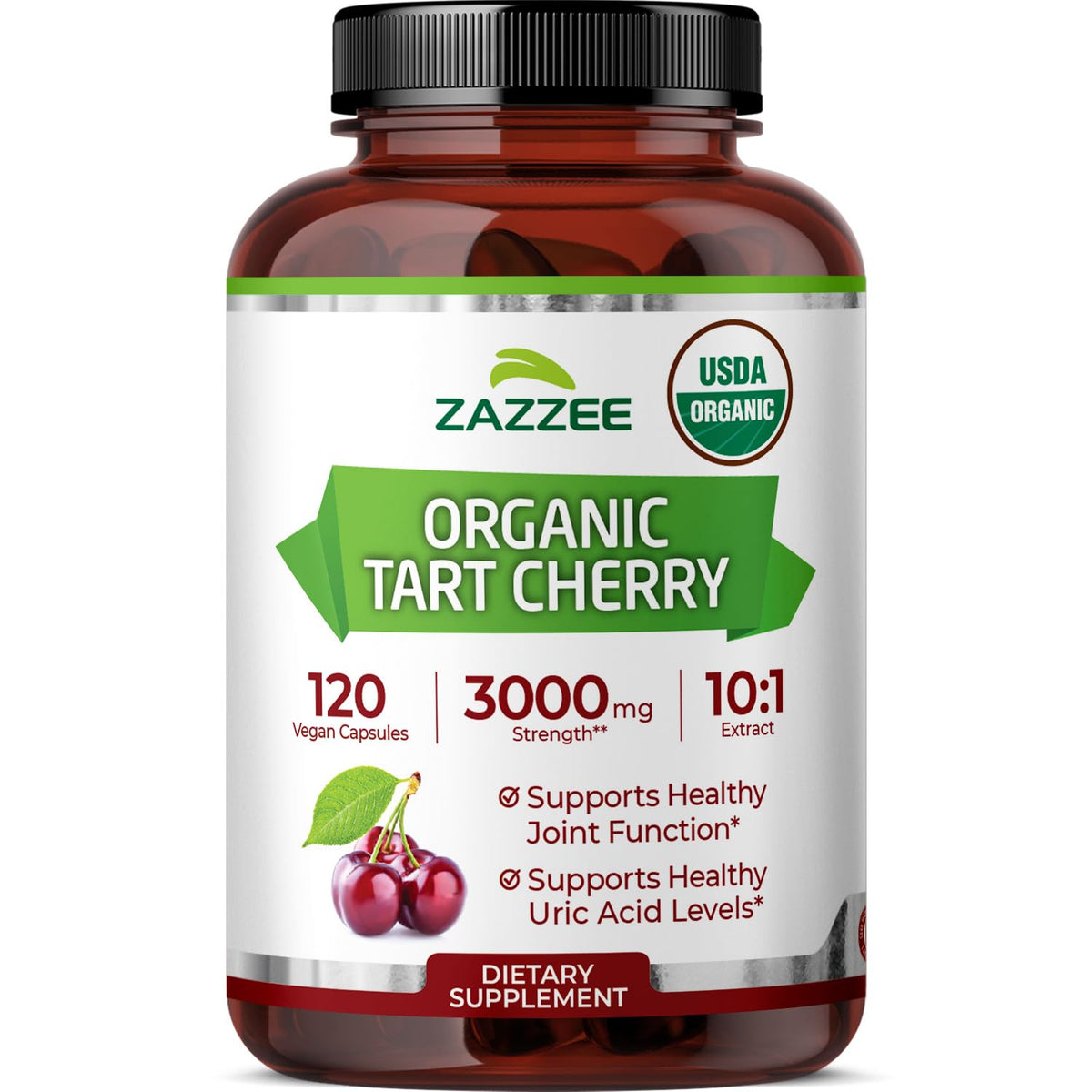 Zazzee USDA Organic Tart Cherry 10:1 Extract - 120 Capsules