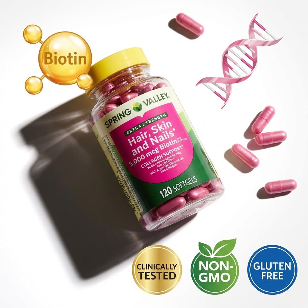 Spring Valley Extra Strength Hair, Skin & Nails Biotin 5000 mcg - 120 Softgels - image 4