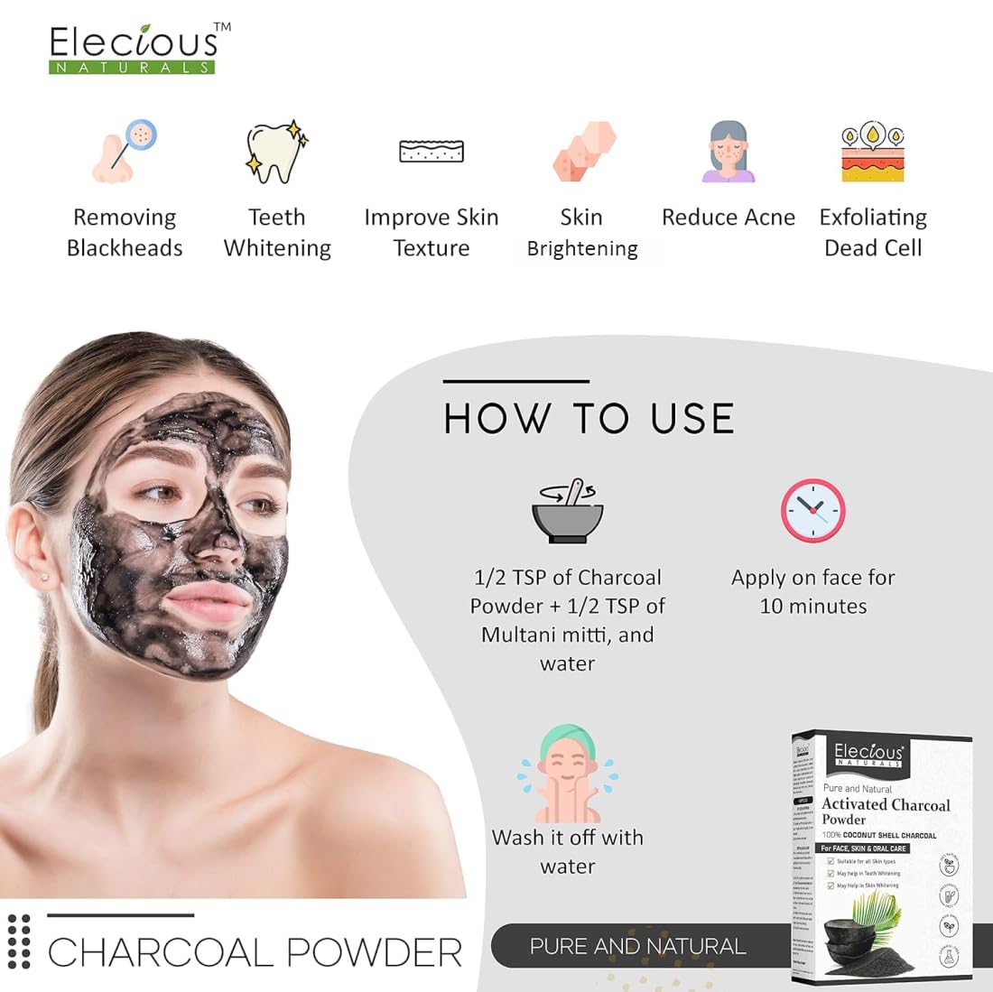 Elecious Naturals Activated Charcoal Powder for Skin - 200g - image 4