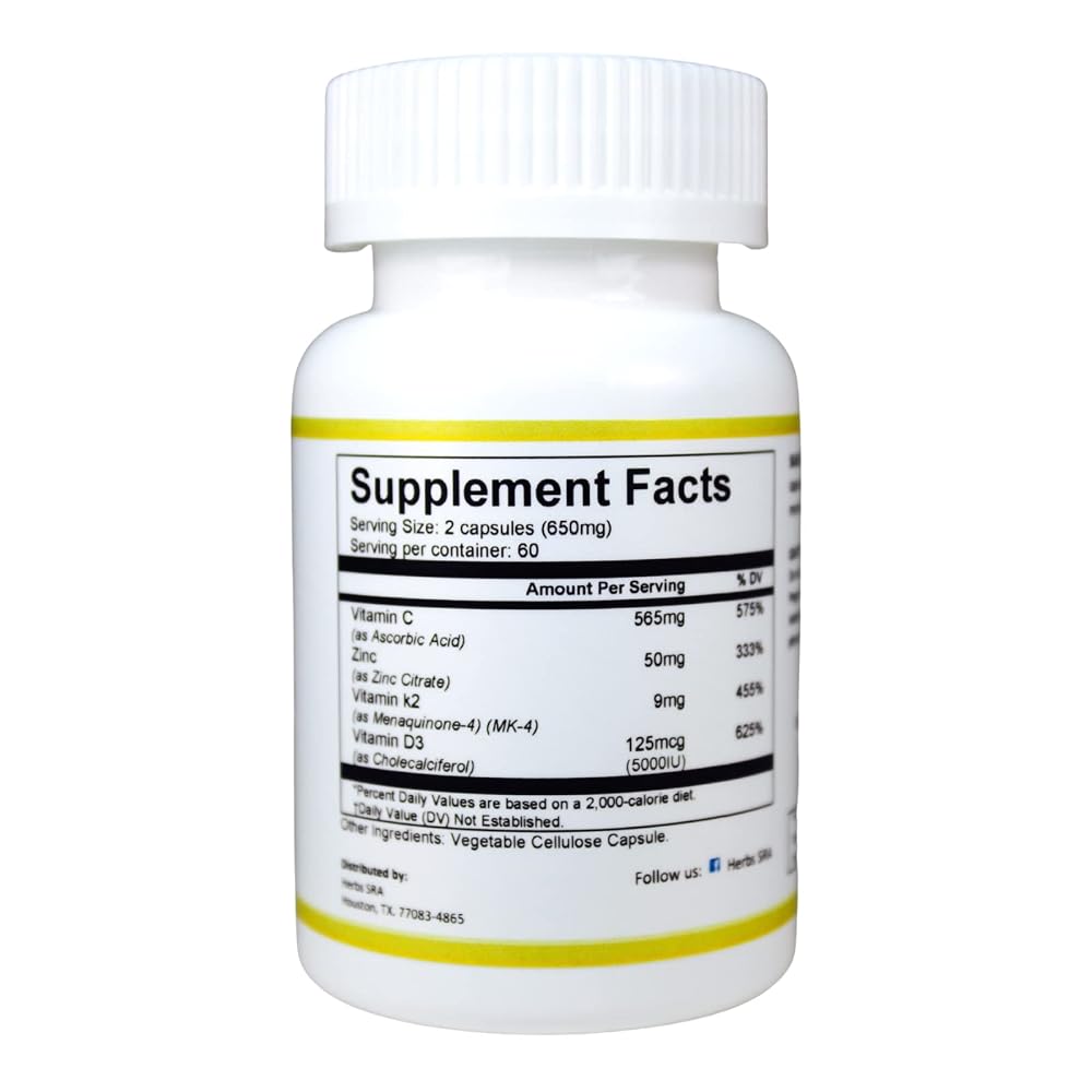 Herbs SRA Vitamin C, D3, K2 & Zinc Supplement - 120 Vegetarian Capsules - image 2
