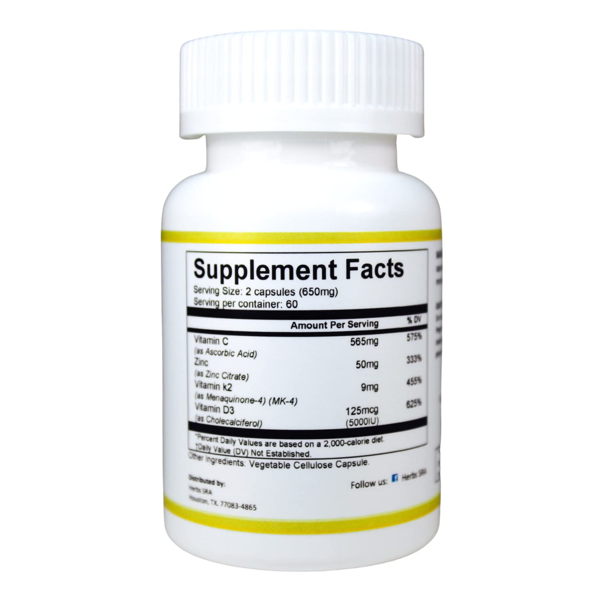 Herbs SRA Vitamin C, D3, K2 & Zinc Supplement - 120 Vegetarian Capsules - image 2