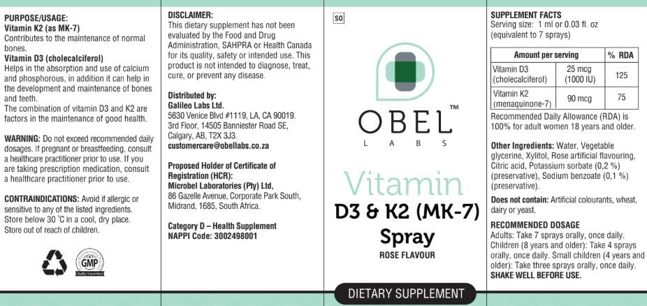 obel Vitamin D3 and K2 Spray for Bone Maintenance - 1 Fl Oz - image 2