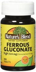 Nature's Blend Ferrous Gluconate Iron Tablets 324 mg - 200 Count