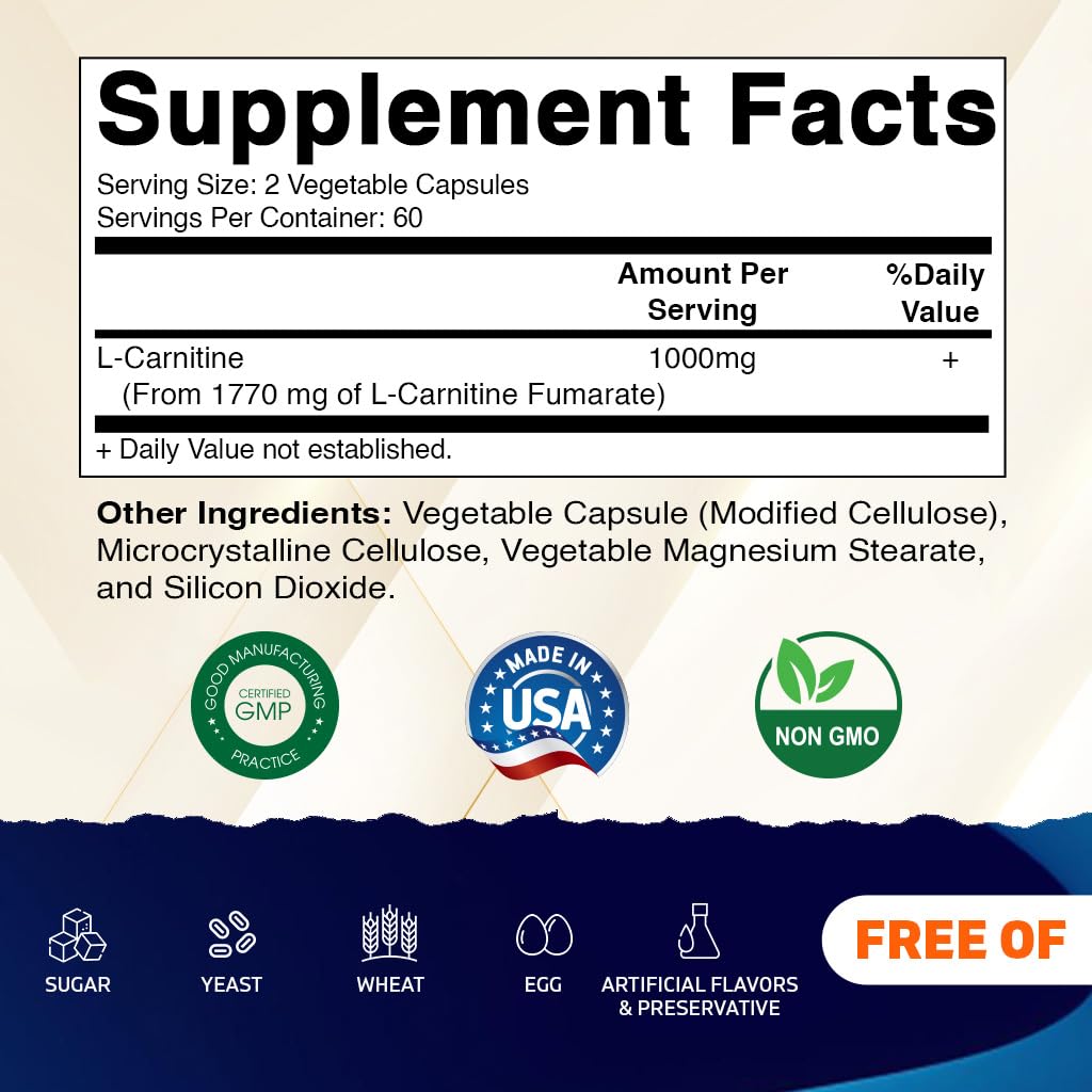 Vitamatic L-Carnitine Fumarate 1000 mg - 120 Vegetable Capsules
