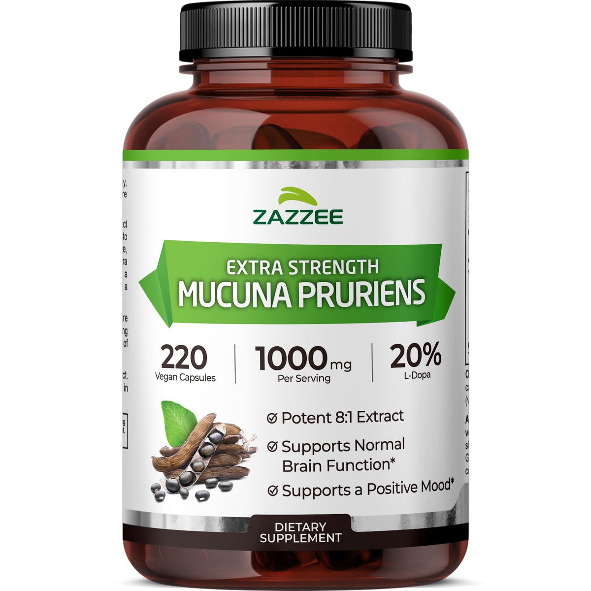 Zazzee Extra Strength Mucuna Pruriens 8:1 Extract - 220 Capsules