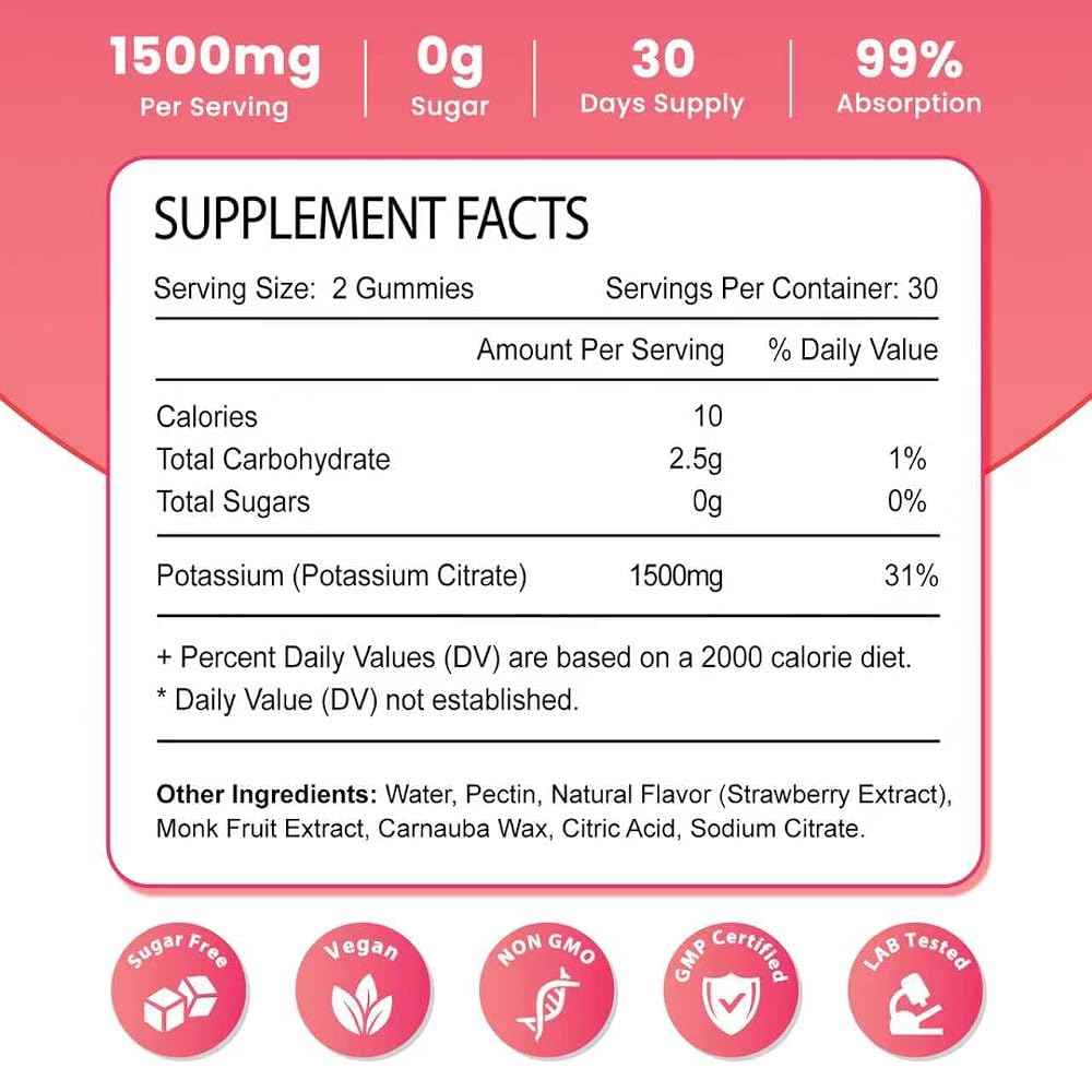 Zetelixia Potassium Magnesium Gummies 1000mg, Strawberry Flavor