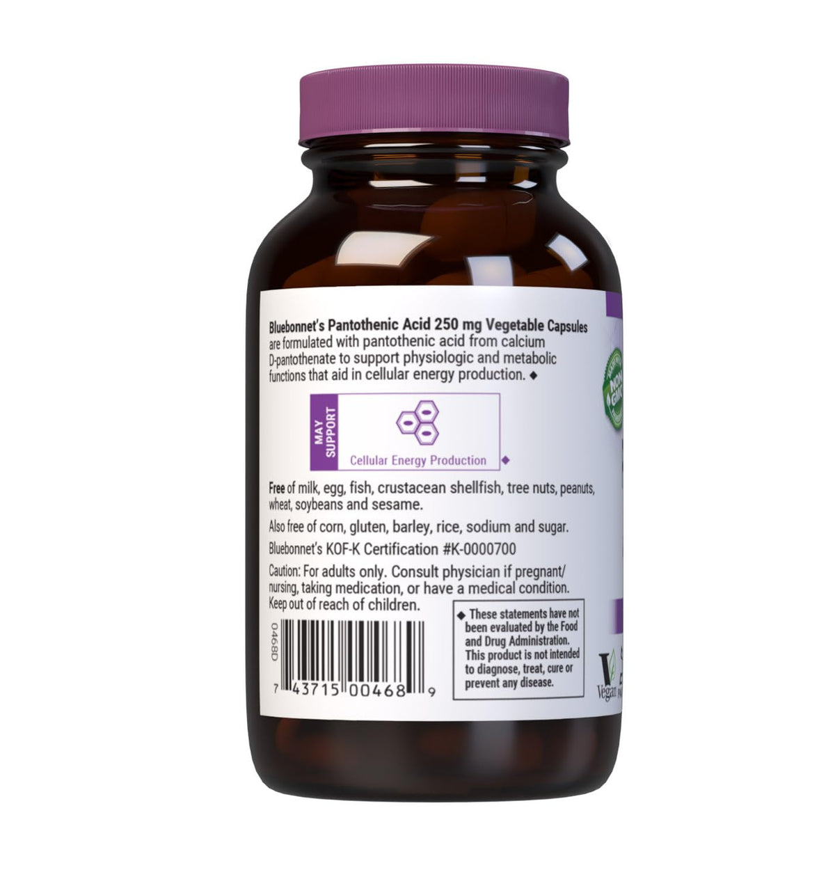 BlueBonnet Nutrition Pantothenic Acid 250 mg - 60 Vegetable Capsules - image 3