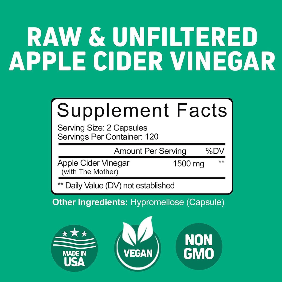 Herbtonics Raw Apple Cider Vinegar 1500mg with Mother - 240 Capsules - image 6