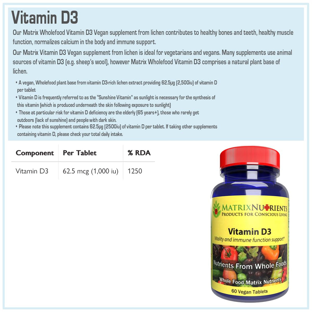 Matrix Nutrients Vitamin D3 Vegan Tablets - 62.5mcg - 60 Tablets - image 6