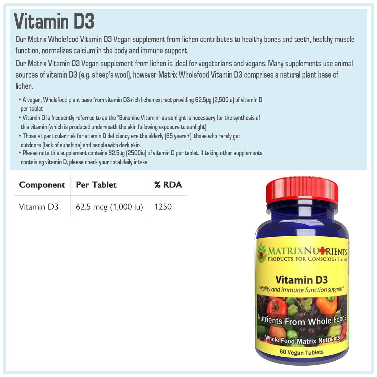 Matrix Nutrients Vitamin D3 Vegan Tablets - 62.5mcg - 60 Tablets - image 6