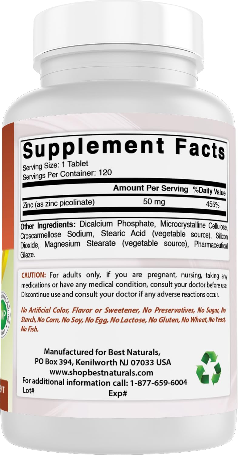 Best Naturals Zinc 50mg Picolinate Immune Support - 120 Tablets - image 6