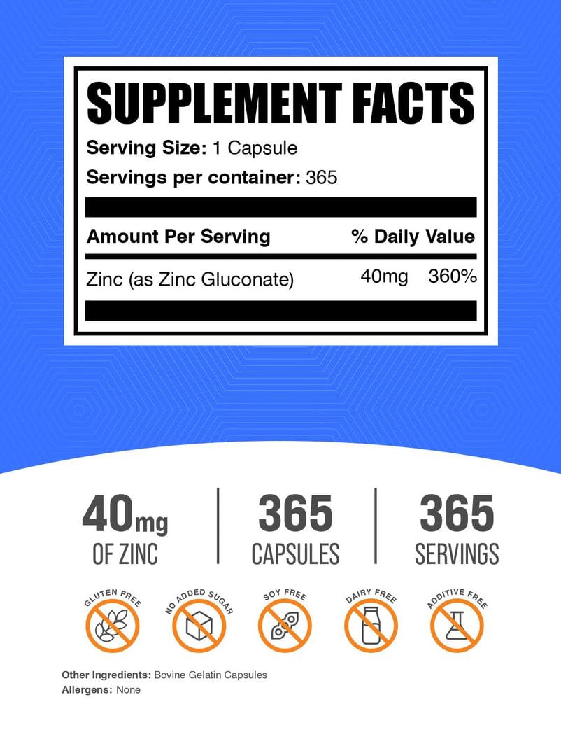 BulkSupplements Zinc Gluconate Capsules Immune Support - 365 Count - image 2