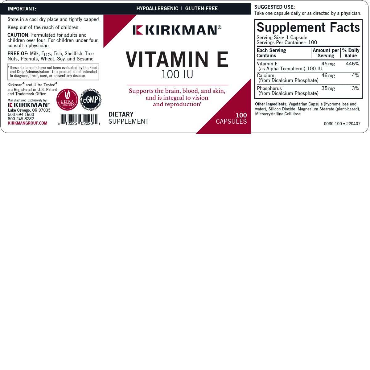 Kirkman Vitamin E 100 IU - 100 Vegetarian Capsules - image 3