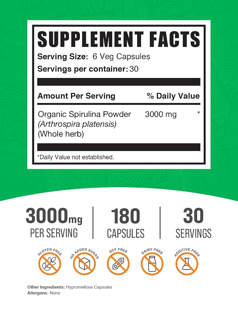 BulkSupplements Spirulina 3000mg Capsules - 180 Count - image 2