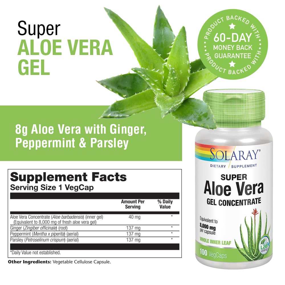 SOLARAY Super Aloe Vera Gel 8000mg - 100 Vegetarian Capsules - image 3