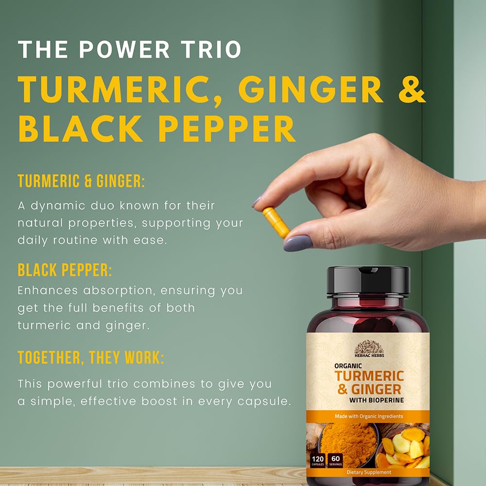 Hebhac Herbs Turmeric Ginger with Black Pepper 1000 mg - 120 Capsules - image 5