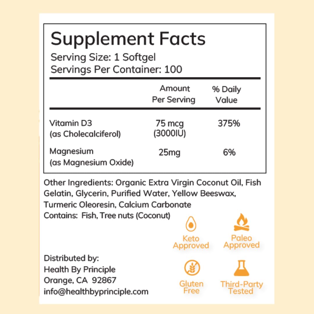 Health by Principle Vitamin D3 Immune Support - 100 Softgels - image 3