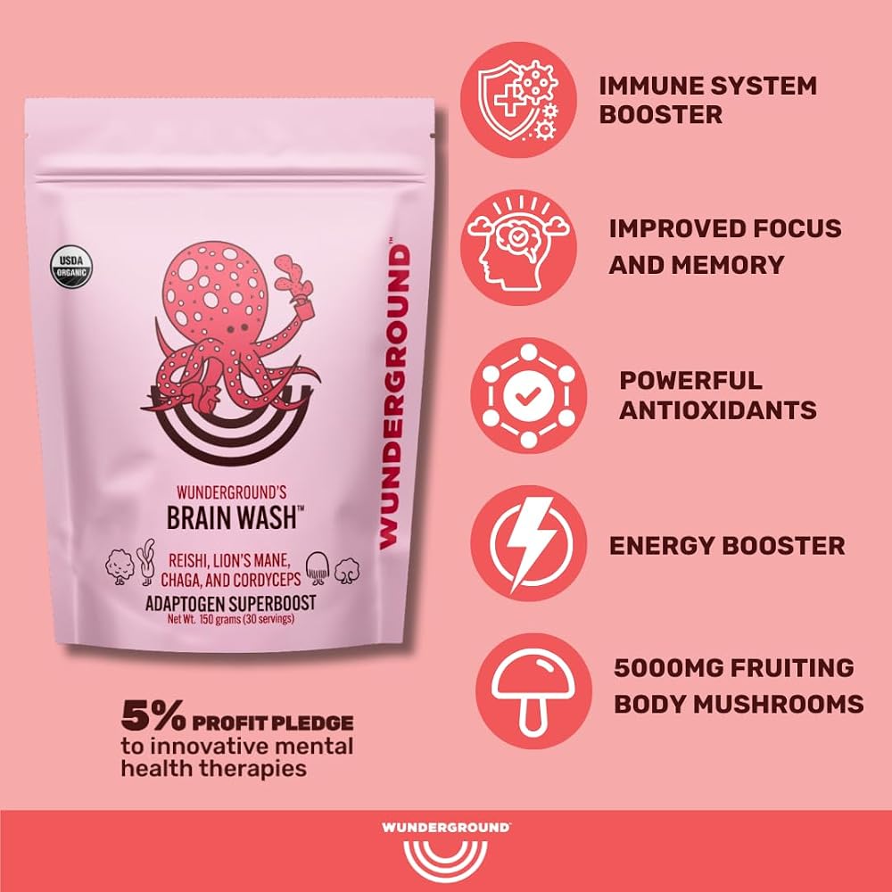 Wunderground Brain Wash Organic Mushroom Powder for Focus & Energy - 30 Servings - image 3