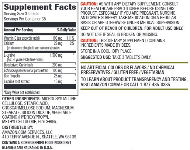 Amazon Elements Lysine Complex with Vitamin C Immune Support - 195 Tablets - image 2