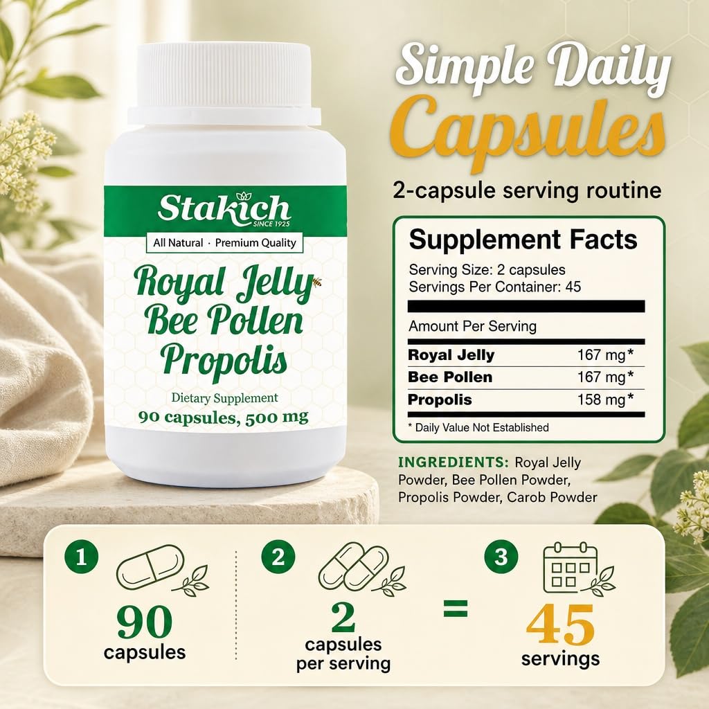 Stakich Royal Jelly Bee Pollen Propolis 500 mg - 90 Capsules - image 5