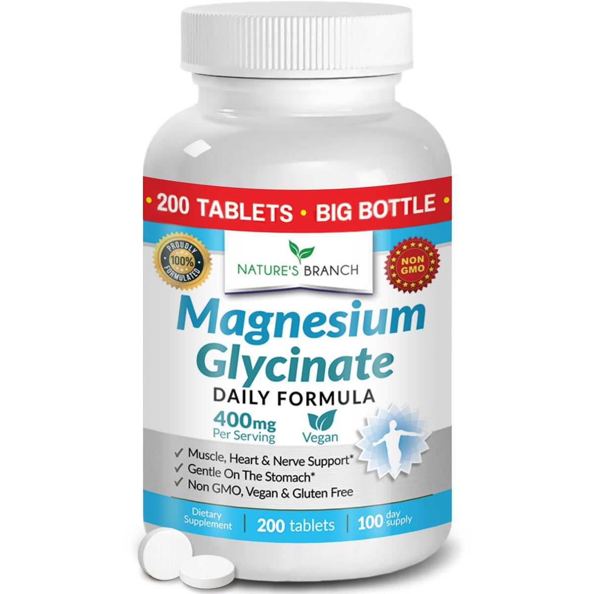 Nature's Branch Magnesium Glycinate 400mg for Sleep & Heart - 200 Tablets