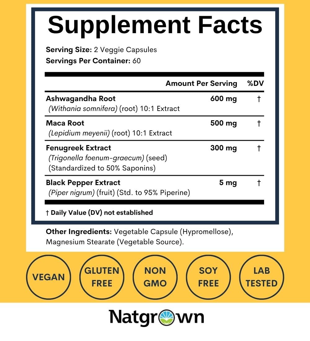 Natgrown Ashwagandha Maca Root Fenugreek Capsules - 120 Count - image 2