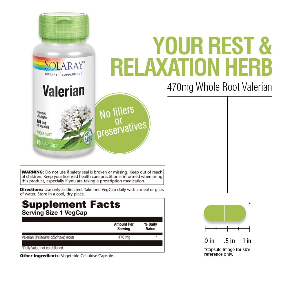 SOLARAY Valerian Root 470mg Herbal Support - 100 Vegetarian Capsules - image 3