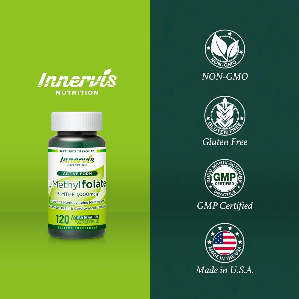 Innervis Nutrition L-Methylfolate 1000mcg Heart & Nerve Support - 120 Capsules - image 5