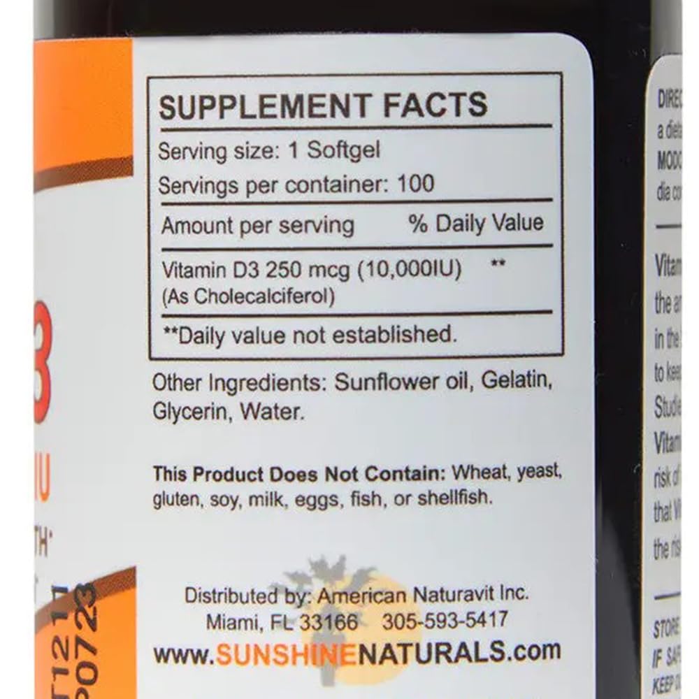Sunshine Naturals Vitamin D3 10,000 IU - 100 Softgels - image 4