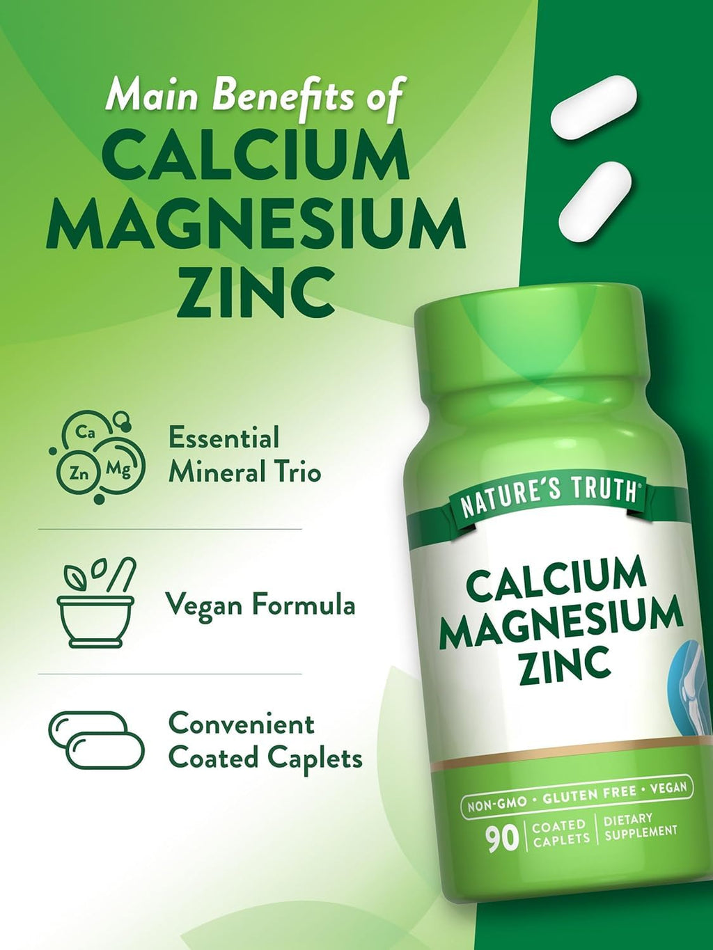 Nature's Truth Calcium Magnesium Zinc Plus Vitamin D3 - 180 Caplets - image 5