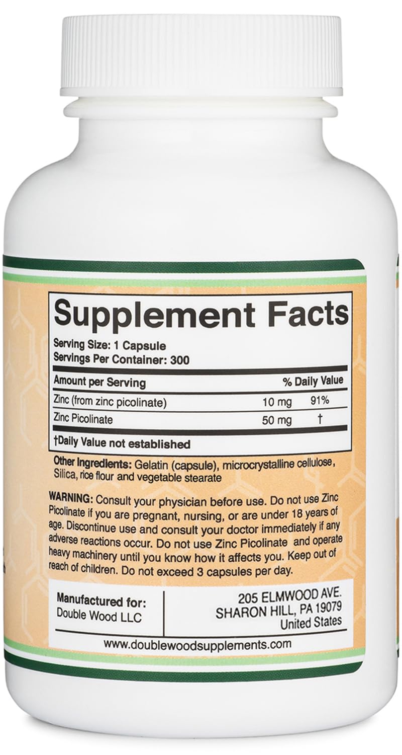 Double Wood Supplements Zinc Picolinate 50mg - 300 Capsules - image 2