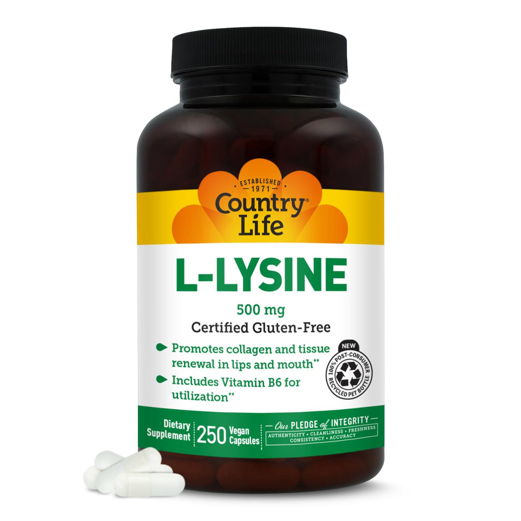 Country Life L-Lysine 500mg with B-6 - 250 Vegan Capsules