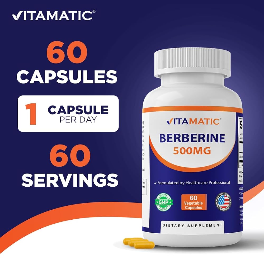 Vitamatic Berberine Supplement 500mg - 60 Vegetable Capsules - Made