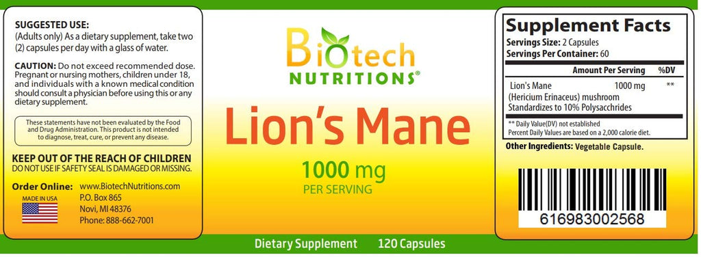 Biotech Nutritions Lion's Mane Mushroom 1000 mg - 120 Vegetarian Capsules - image 2