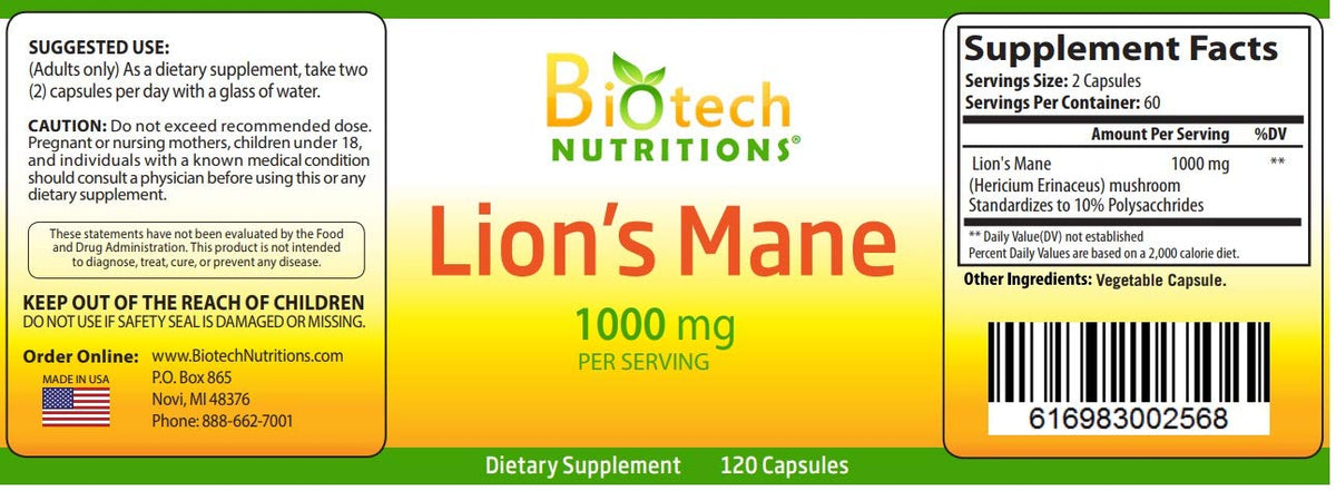 Biotech Nutritions Lion's Mane Mushroom 1000 mg - 120 Vegetarian Capsules - image 2