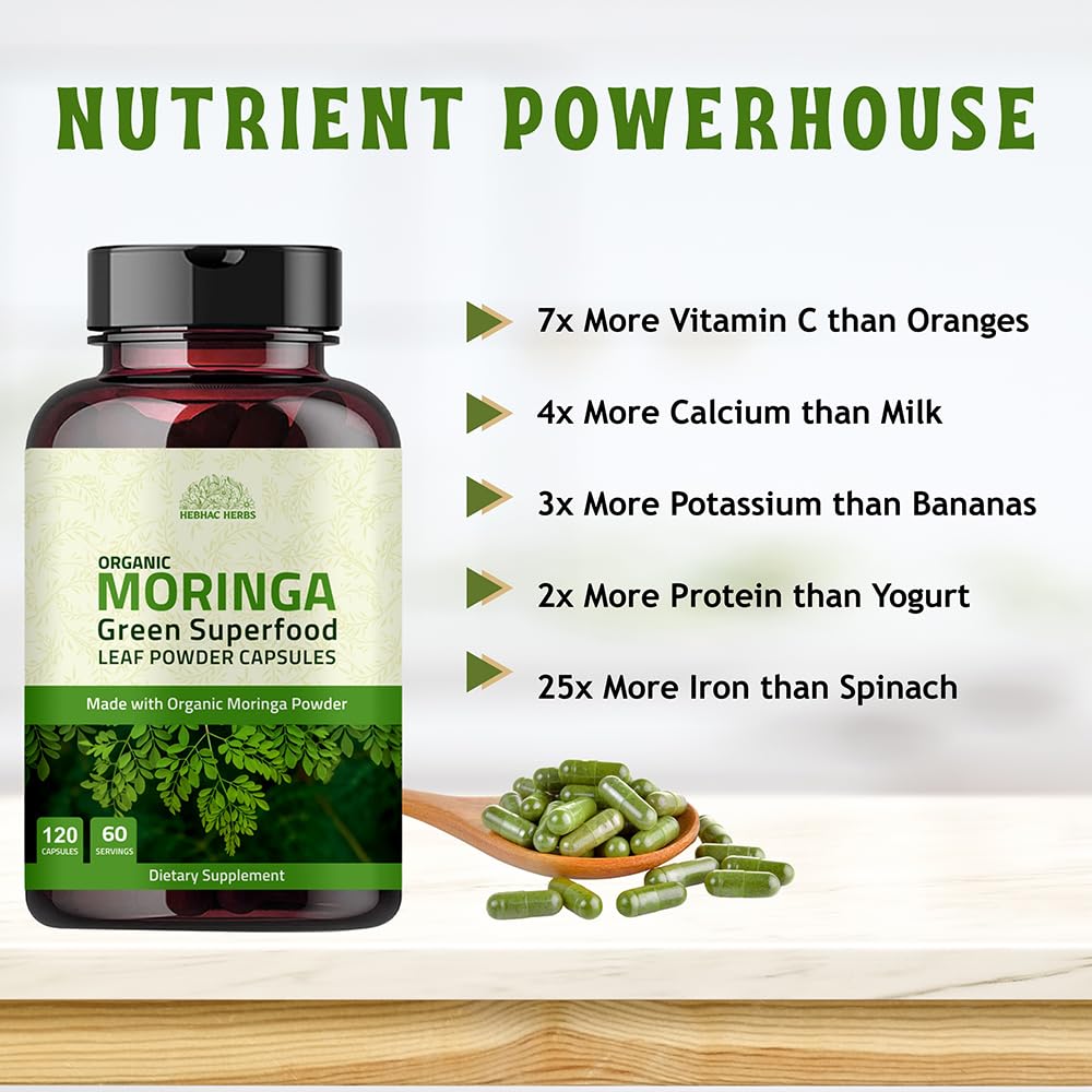 Hebhac Herbs Organic Moringa Capsules Immune Support - 120 Capsules - image 4